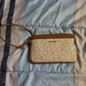 Calvin Klein Monogram Beige and Tan Wristlet